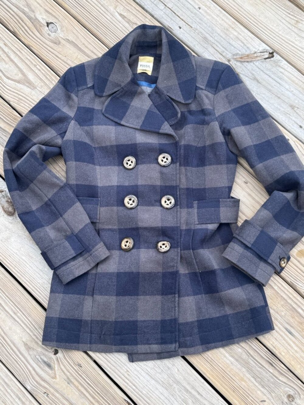 Fossil Wool Blend Plaid Pea Coat S Blue Grey Academia Quiet Luxury Vintage 3703